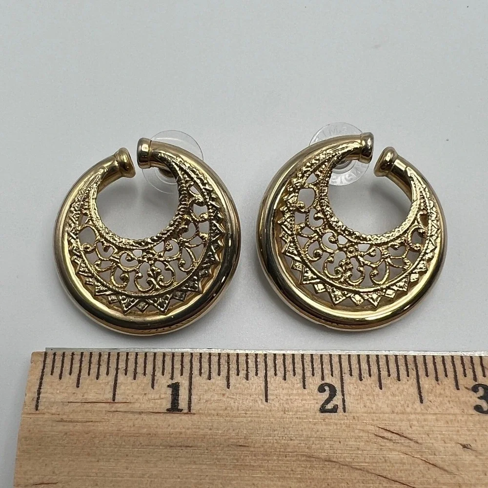 Vintage Pierced‎ Earrings Gold Tone Filigree Open Metalwork Large Statement